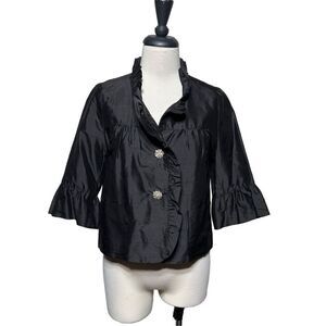 Molly B Black Ruffled Cropped Silk Jacket Size 2 Rhinestone Buttons